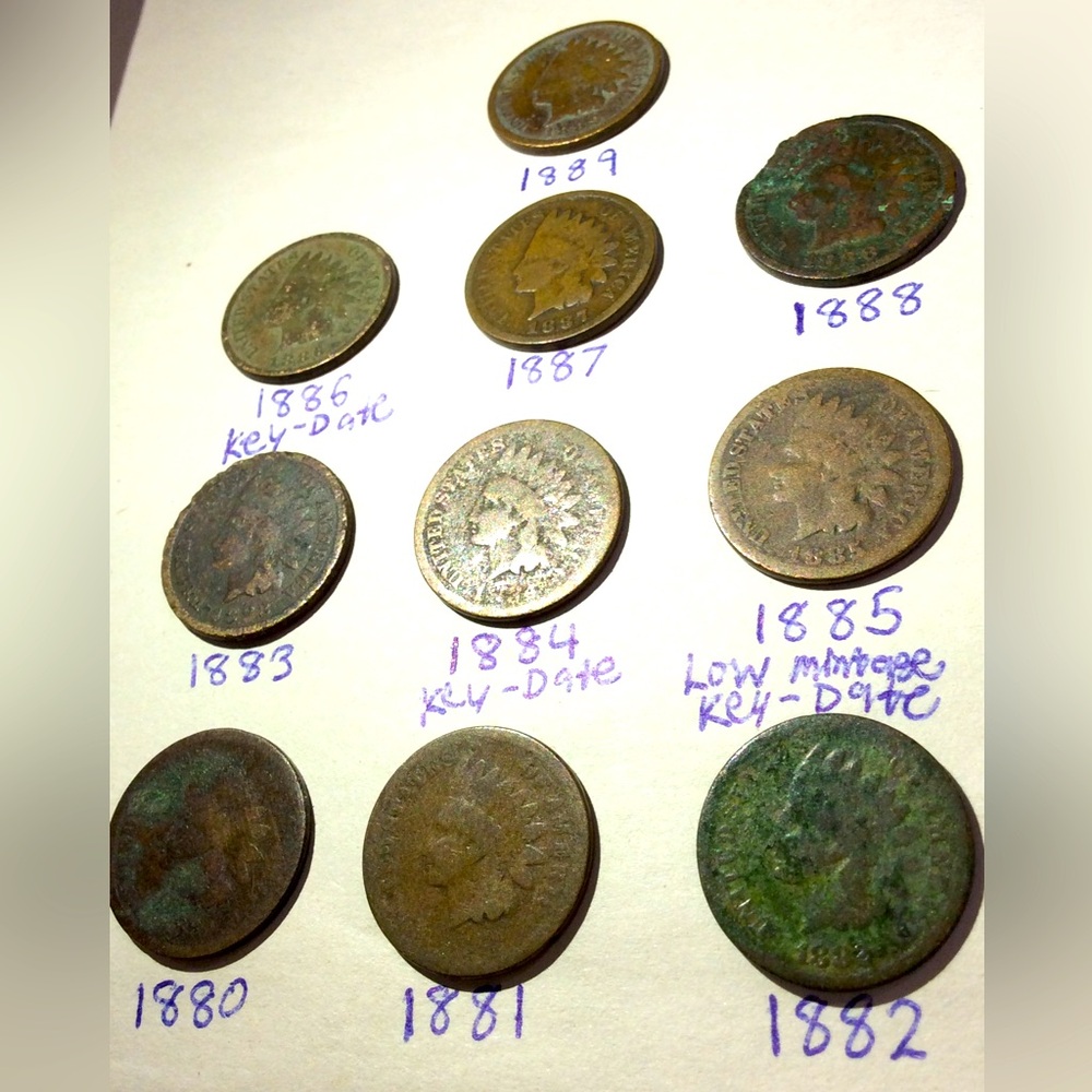 Complete 1880 to 1889 Indian Head Pennies- All Years- With 3 Low Mint Key Dates!